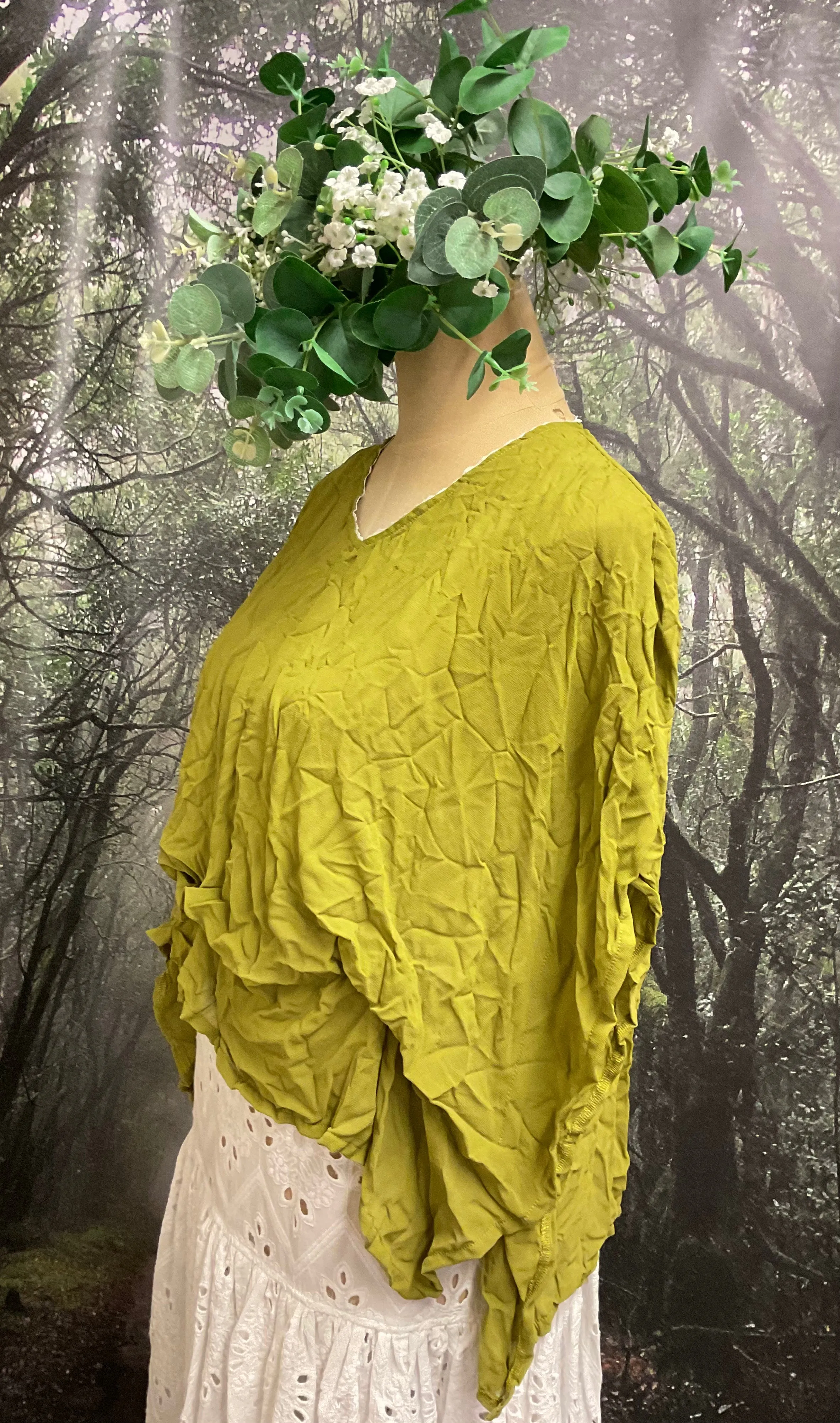 #5254 Green crinkle overtop with rouched hem