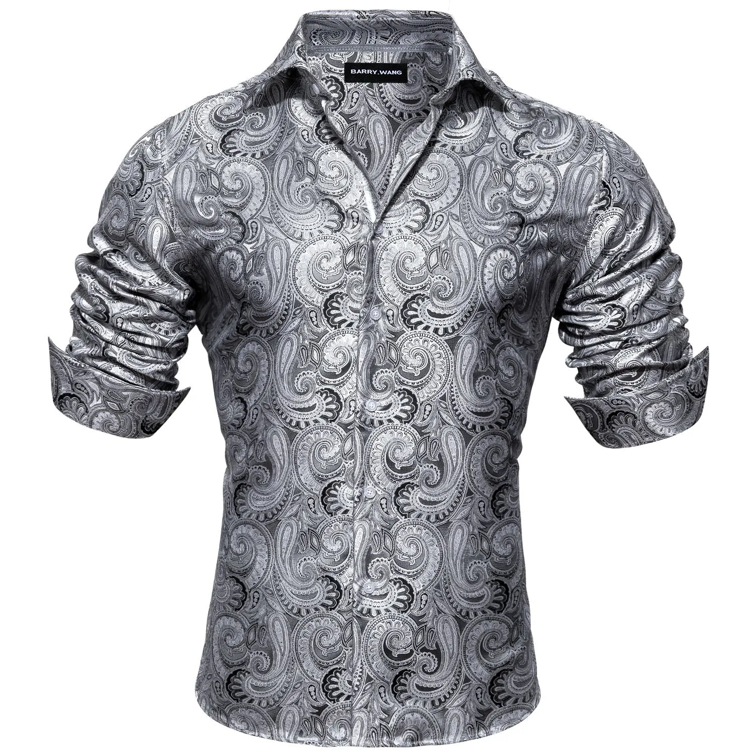 Barry Wang Shirt Grey Silver Paisley Silk Business Casual Shirts