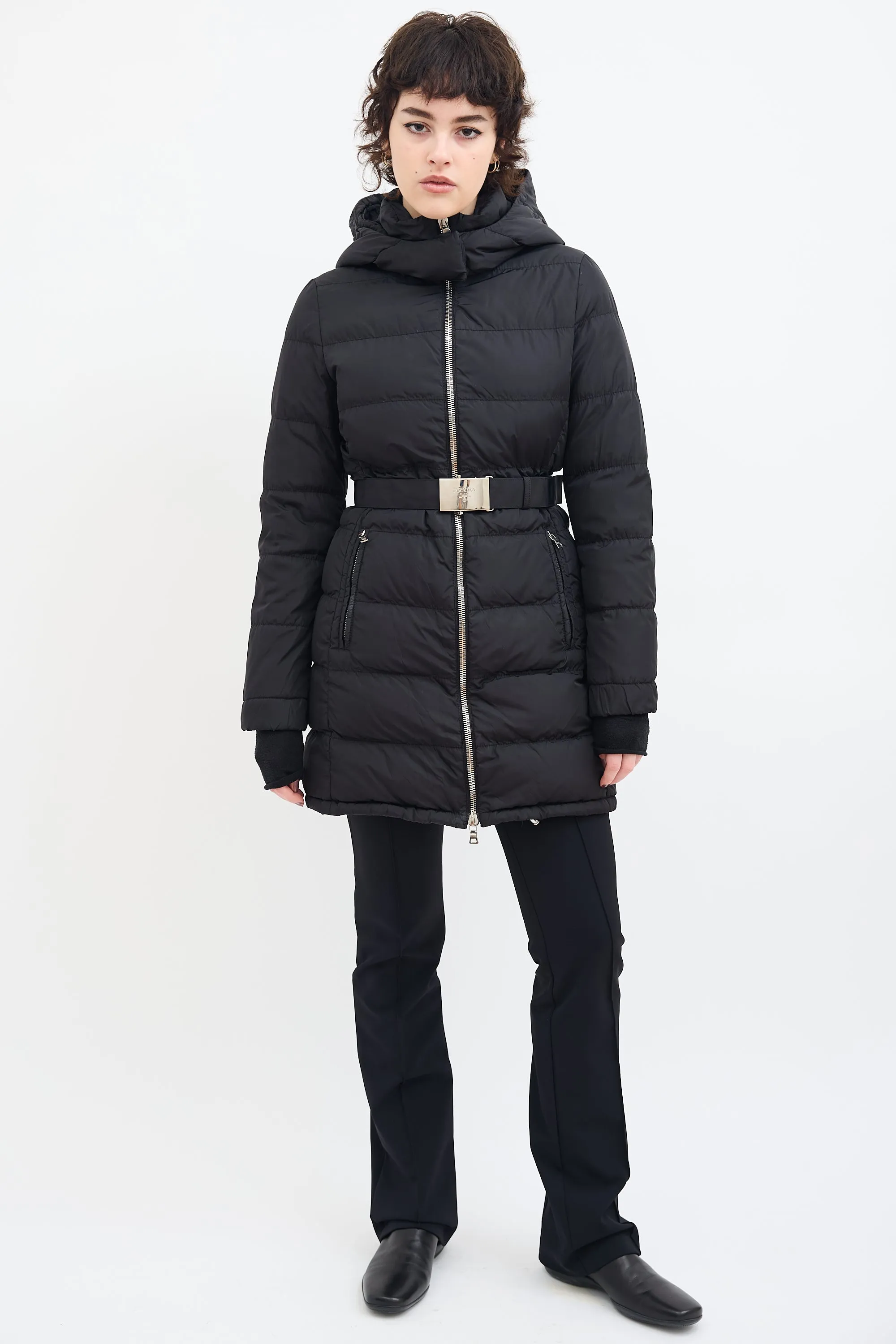 Black Down & Nylon Belted Puffer Coat