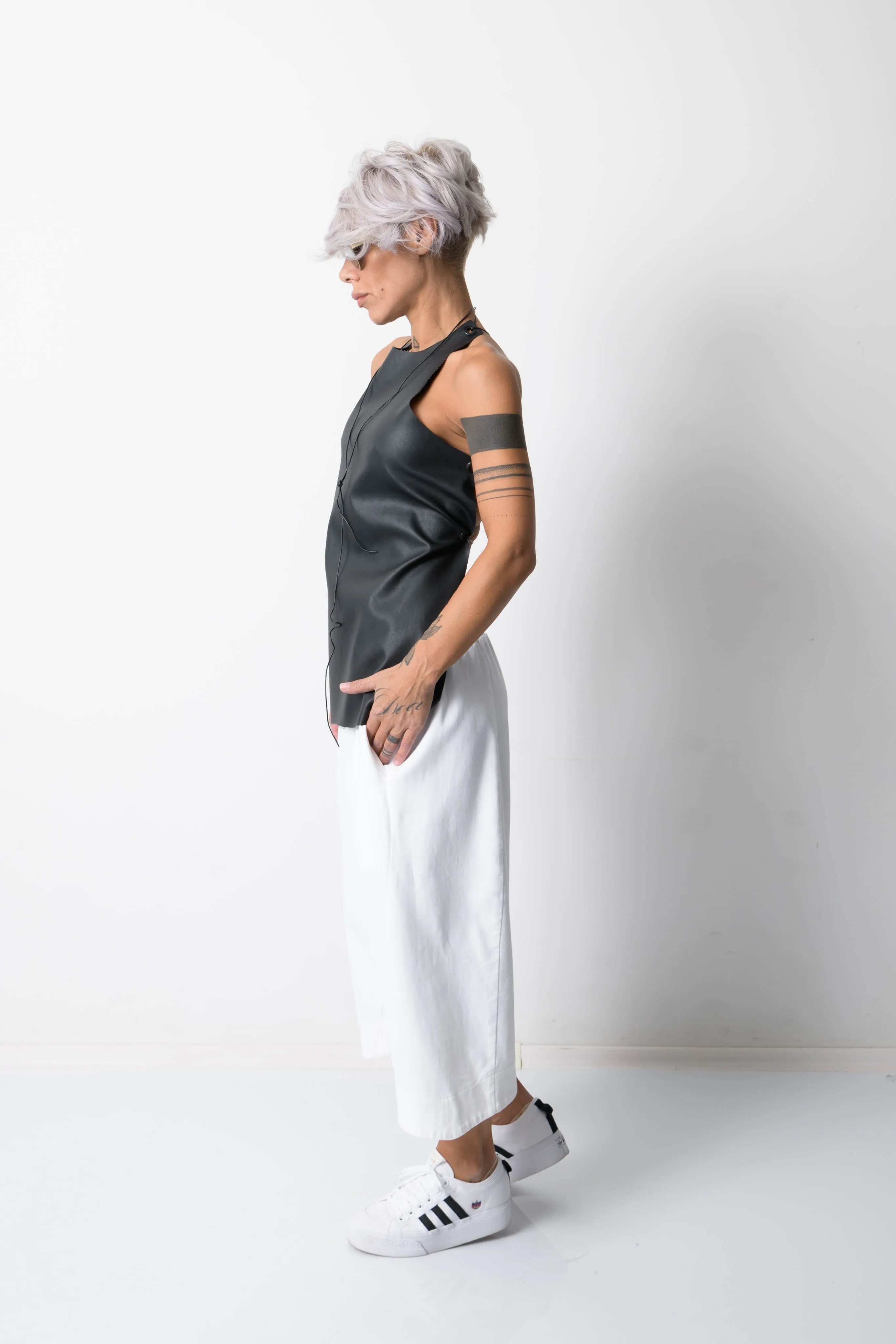 Black Open Back Leatherette Tank Top