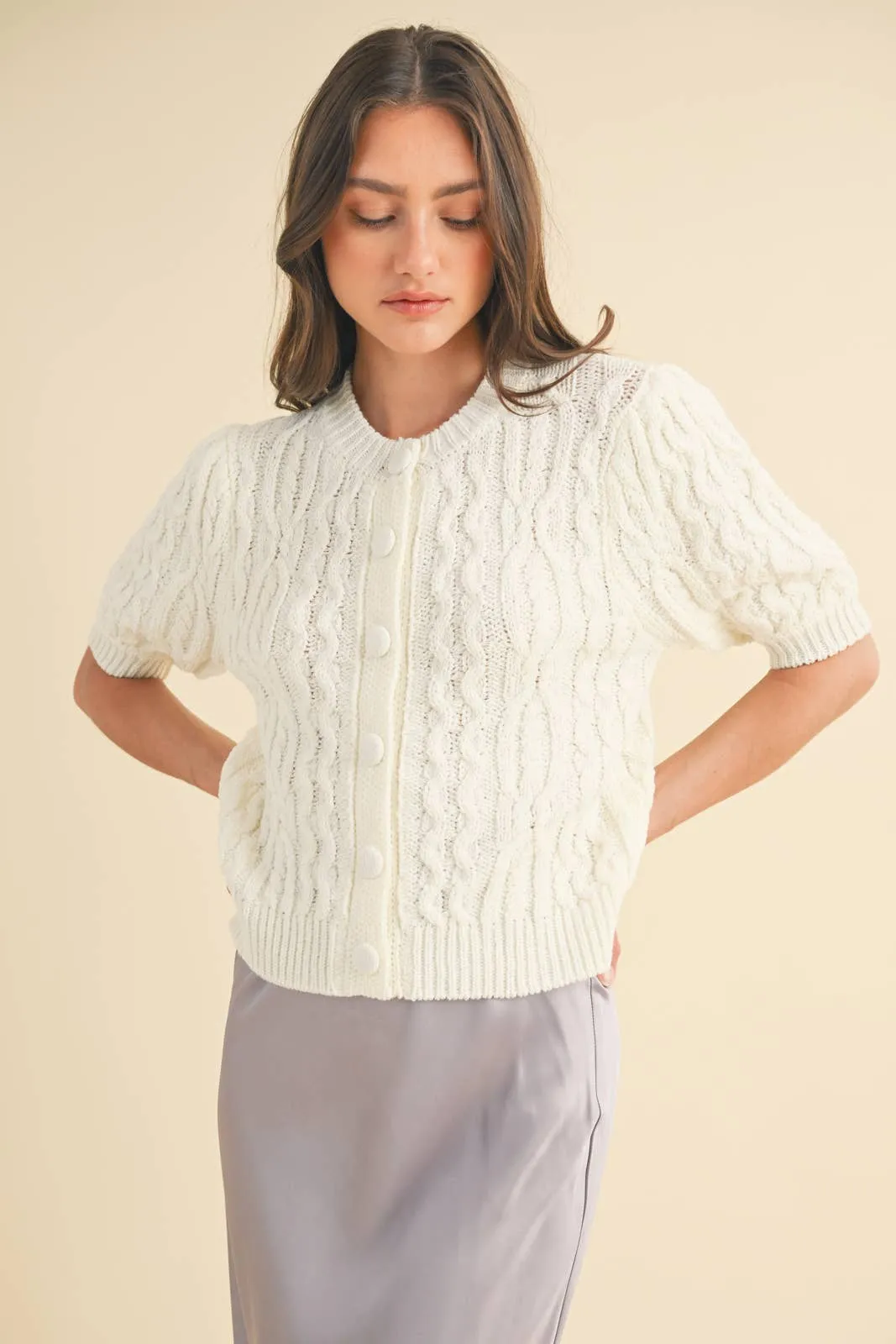 CABLE KNIT PUFF SLEEVE CARDIGAN