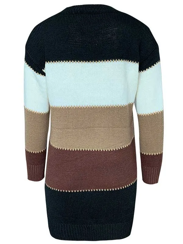Crew Neck Color Block Striped Knit Sweater Dress
