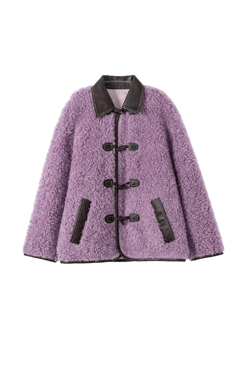Faux Shearling Teddy Wool Toggle Jacket with Leather Collar
