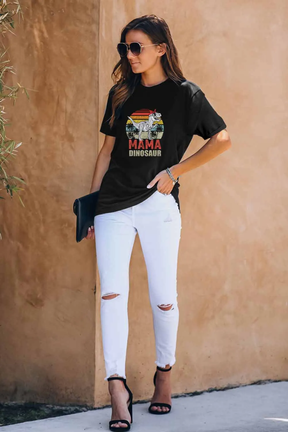 MAMA DINOSAUR Print Black Short Sleeve Graphic Tee