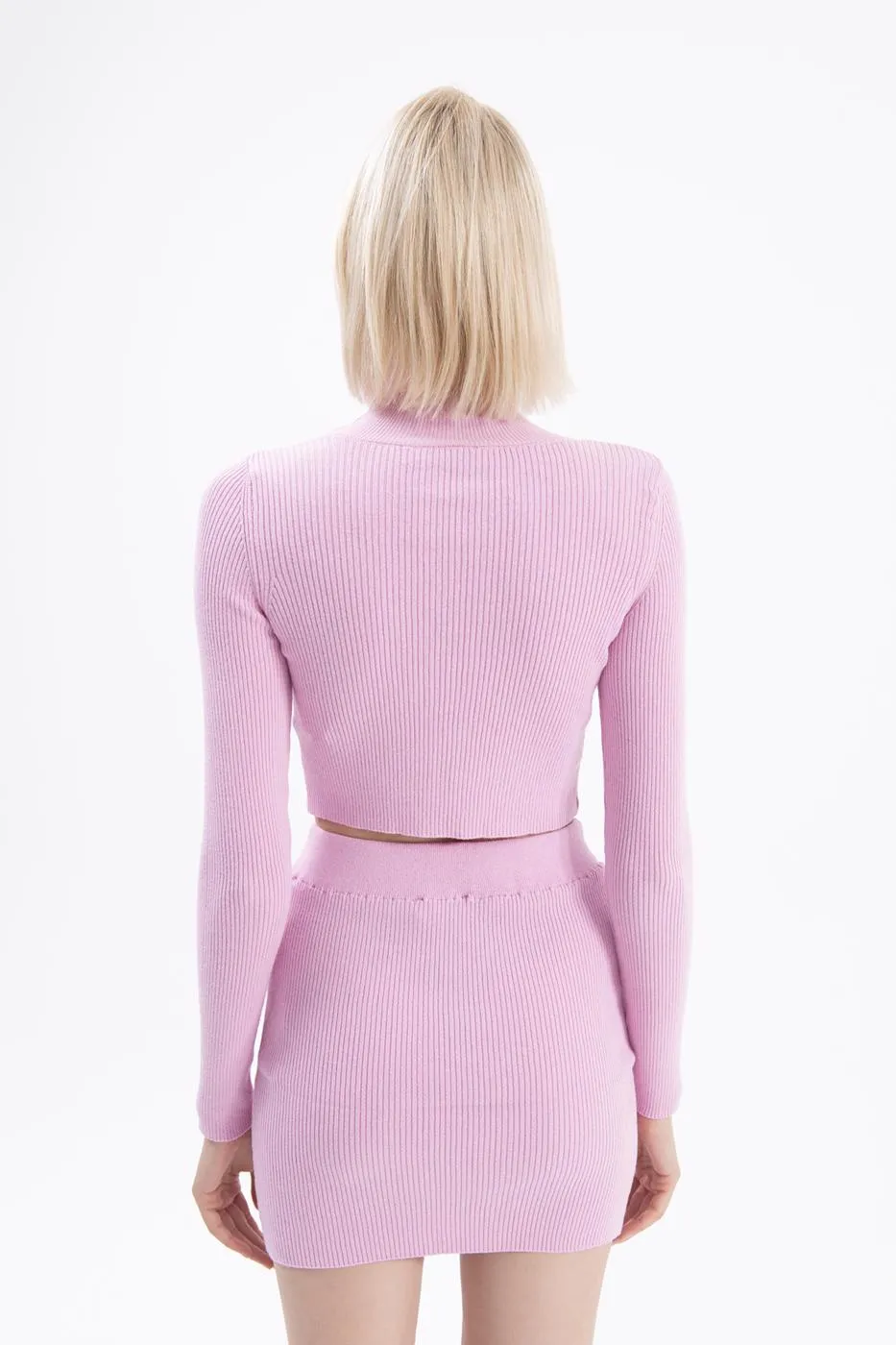 Pink Stand Collar Crop Knitted Blouse