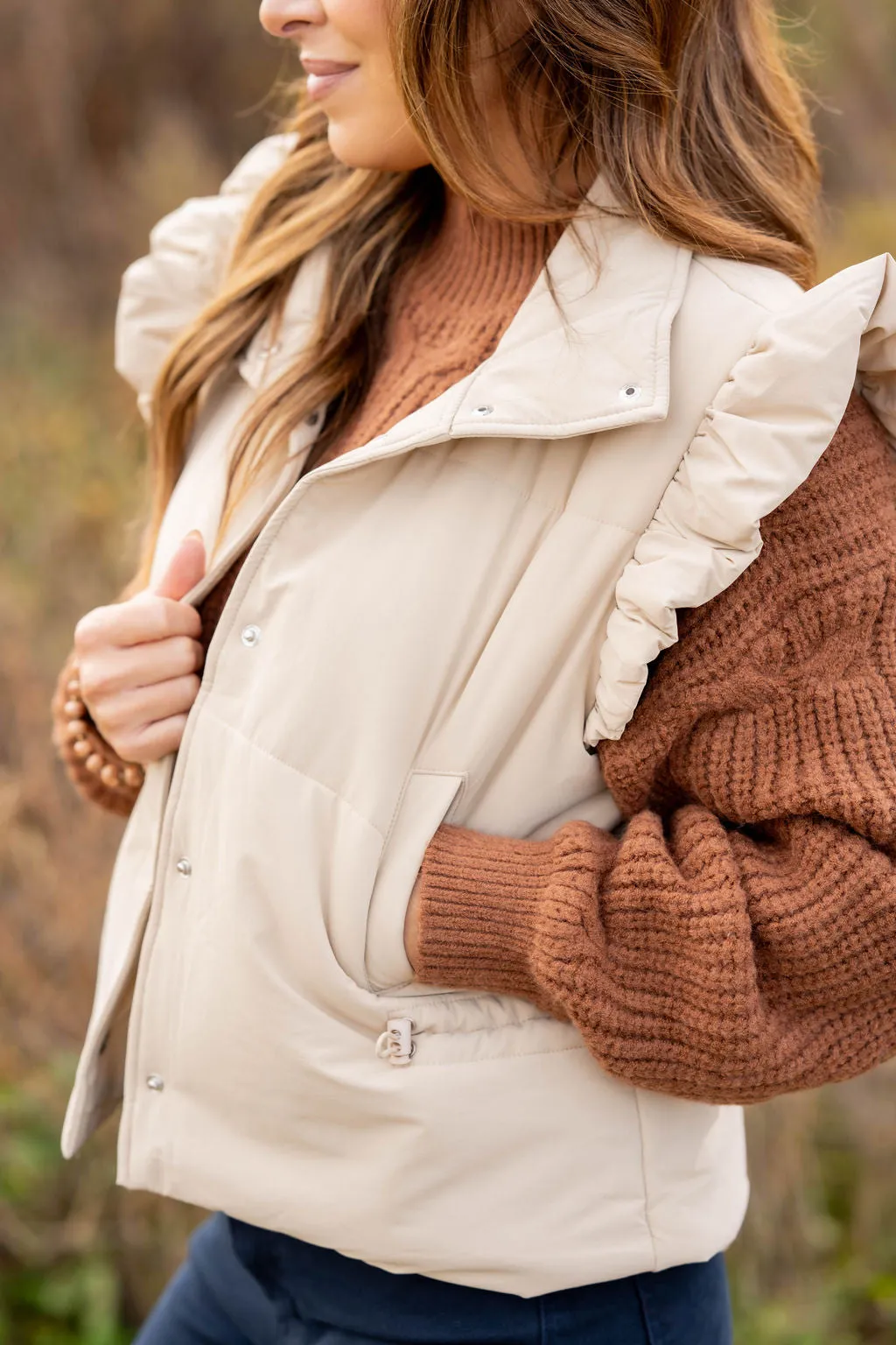 Ruffle Accented Puffer Vest