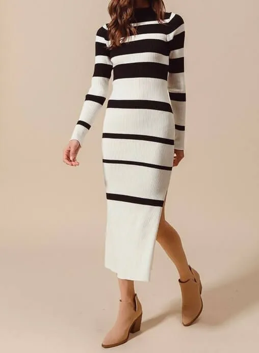 The Christina Sweater Dress: Black & White Striped Bodycon Midi Dress